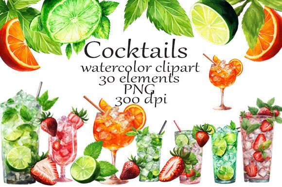 Cocktails Watercolor Clipart PNG: Vibrant Design Elements