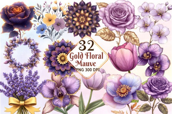 Elegant Mauve and Gold Floral Clipart for Modern Designs