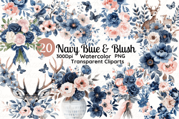 Elegant Watercolor Navy Blue and Blush Floral Design