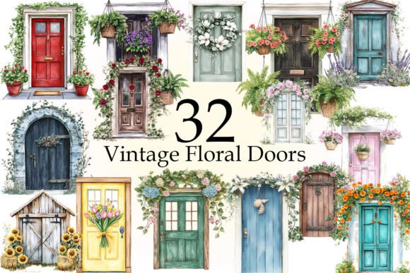 Elevate Your Projects with Vintage Floral Doors Sublimation Clipart