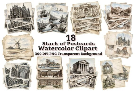 Vintage Travel Postcard Stack Clipart: A Designer's Timeless Asset