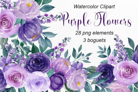 Watercolor Purple Flowers: Set Bouquets for Creative Design