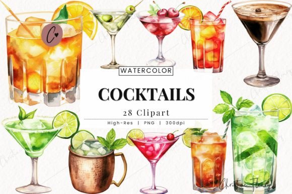 Watercolor Summer Cocktail Clipart: Creative Design Assets