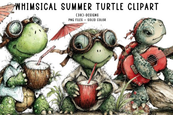 Whimsical Summer Turtle Clipart: 38 Versatile Designs